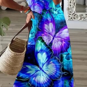 Bohemian-style butterfly print maxi dress with V-neck, short sleeves, and a flowy design for summer wear.