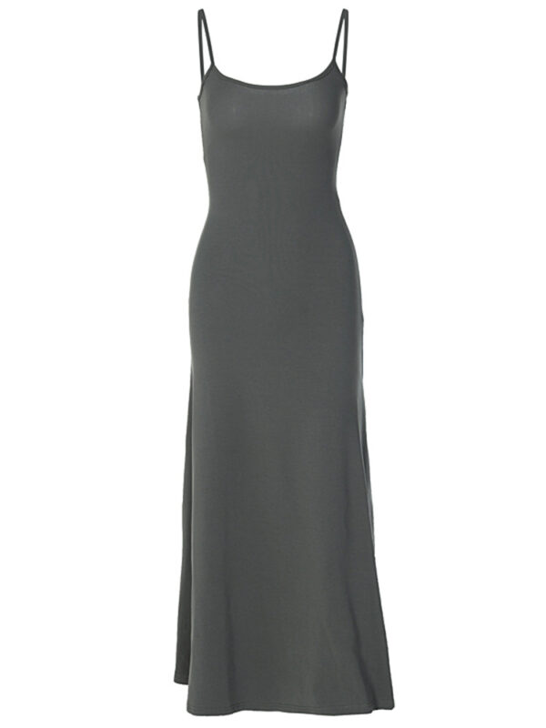 High-waist slimming A-line strap dress in black, grey, and khaki, featuring a knee-length cut and casual elegance for women.