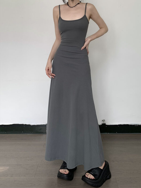 High-waist slimming A-line strap dress in black, grey, and khaki, featuring a knee-length cut and casual elegance for women.