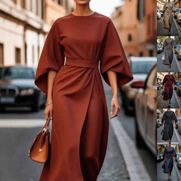 Elegant women's batwing sleeve dress with a waist-tightened silhouette, available in multiple solid colors for a chic and sophisticated look.