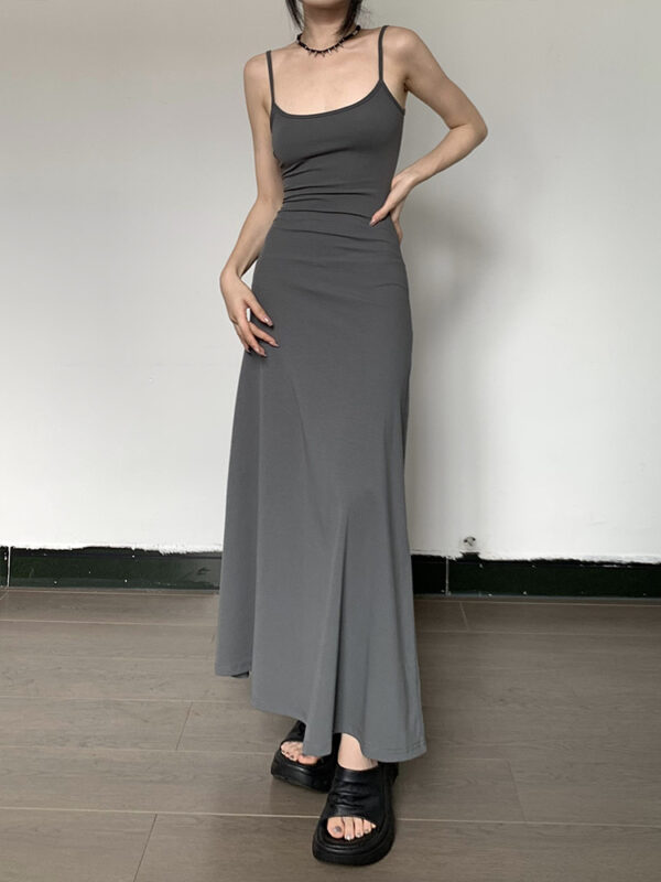 High-waist slimming A-line strap dress in black, grey, and khaki, featuring a knee-length cut and casual elegance for women.