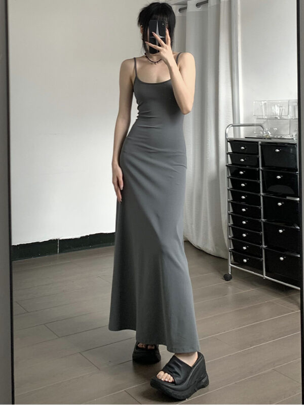 High-waist slimming A-line strap dress in black, grey, and khaki, featuring a knee-length cut and casual elegance for women.