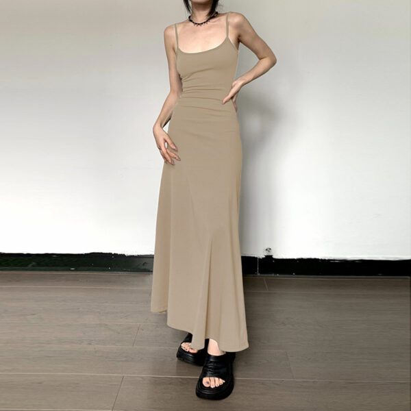 High-waist slimming A-line strap dress in black, grey, and khaki, featuring a knee-length cut and casual elegance for women.