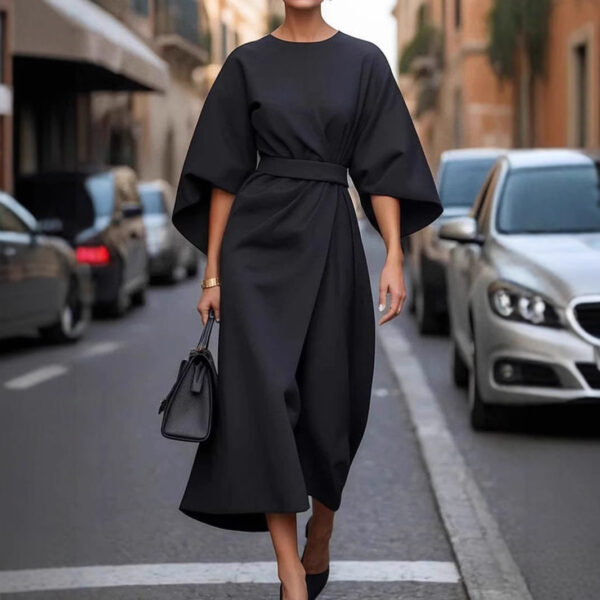 Elegant women's batwing sleeve dress with a waist-tightened silhouette, available in multiple solid colors for a chic and sophisticated look.