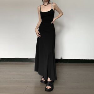 High-waist slimming A-line strap dress in black, grey, and khaki, featuring a knee-length cut and casual elegance for women.