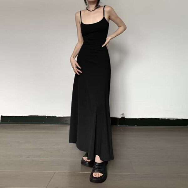 High-waist slimming A-line strap dress in black, grey, and khaki, featuring a knee-length cut and casual elegance for women.