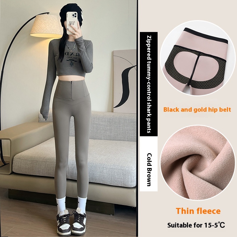 High-waist butt-lifting thermal leggings with tummy control, zipper closure, and velvet lining for winter wear.
