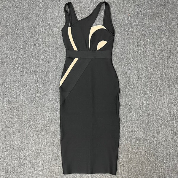 Women's elegant bandage dress with mesh panel and sling straps, designed for a flattering slim-fit look.