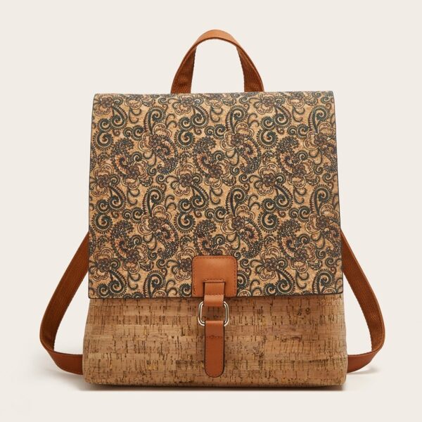 A beautiful and unique backpack with a nature-inspired print featuring butterflies and roses in shades of red, green, and black.