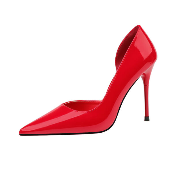 A glossy red pointed-toe stiletto heel with a sleek and elegant design, perfect for formal and evening wear.