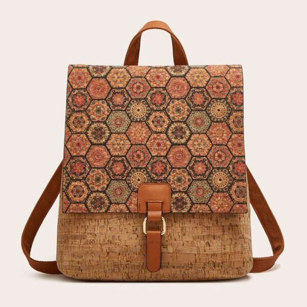 A stylish cork backpack with an elegant honeycomb-inspired vintage design in earthy red, brown, and gold hues.