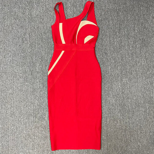 Women's elegant bandage dress with mesh panel and sling straps, designed for a flattering slim-fit look.