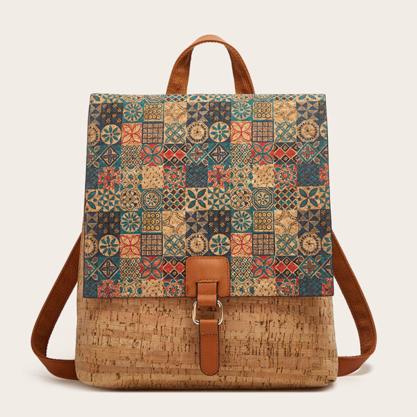 A high-grade fashion backpack featuring a vibrant geometric tile pattern with red, blue, beige, and gold tones.