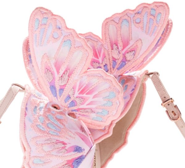 A stylish black stiletto heel sandal with a delicate butterfly wing design at the back, featuring an ankle strap and open-toe style.