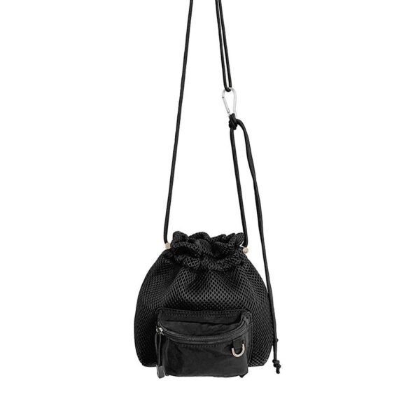 Trendy small mesh drawstring bucket bag with adjustable shoulder strap and front zip pocket, perfect for casual wear.