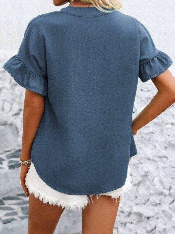 Women's short sleeve solid-color blouse with button-up design, ruffle sleeves, and a relaxed fit for summer comfort.