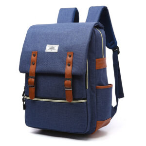 Vintage unisex canvas laptop backpack with faux leather straps and USB charging port in gray color