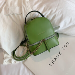 "Mini PU leather backpack with chain accent – women’s stylish travel and school bag"