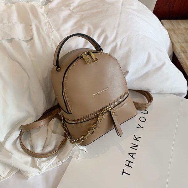 "Mini PU leather backpack with chain accent – women’s stylish travel and school bag"