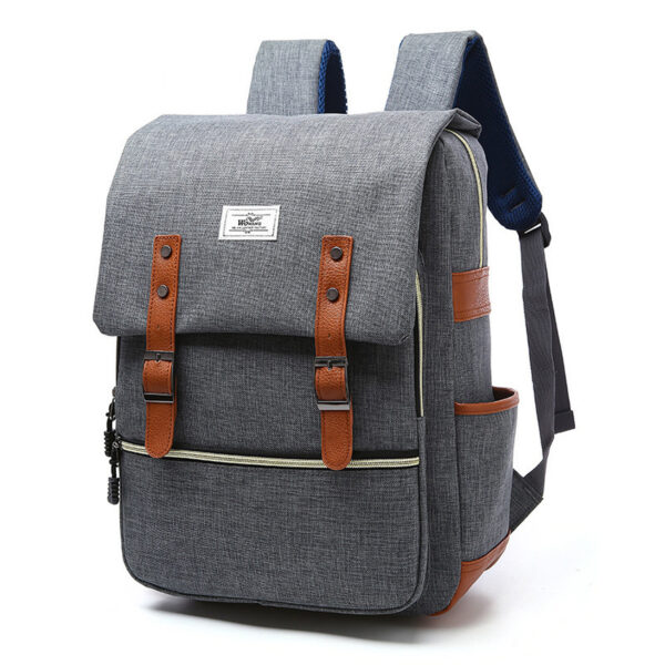 Vintage unisex canvas laptop backpack with faux leather straps and USB charging port in gray color