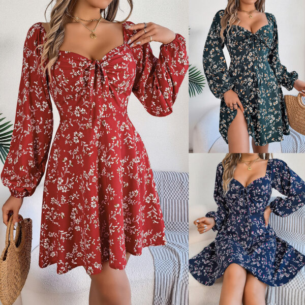 "Multicolor floral mini dress with sweetheart neckline and long puff sleeves in red, green, and navy"