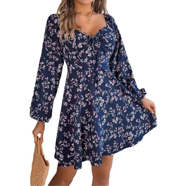 "Multicolor floral mini dress with sweetheart neckline and long puff sleeves in red, green, and navy"
