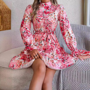 "Multicolor floral ruffle A-line dress with stand collar and waist tie in pink, purple, and navy colors"