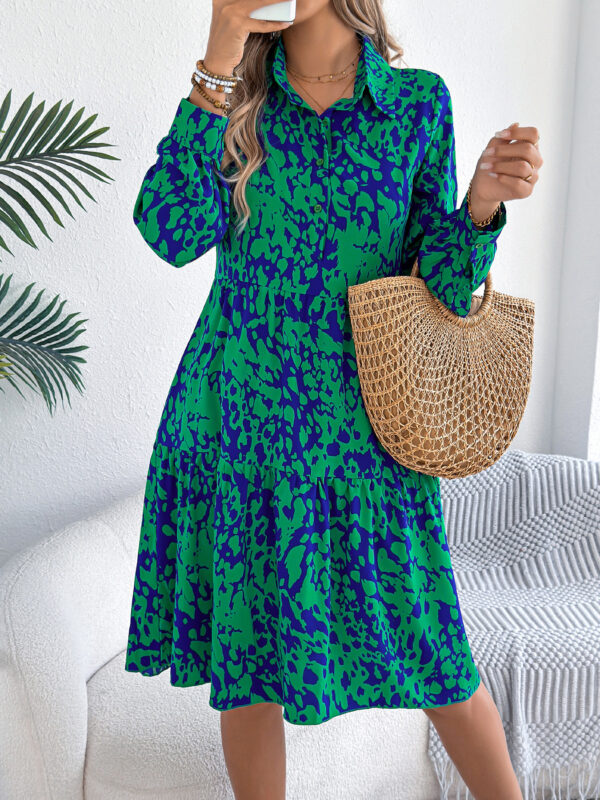 Green and blue leopard print shirt dress with button-up collar and tiered skirt