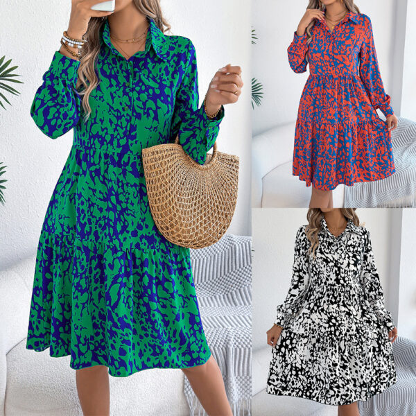 Image 1: Woman wearing black and white leopard print shirt dress with long sleeves Image 2: Woman in bold red and blue contrast color leopard print long-sleeved dress Image 3: Green and blue leopard print shirt dress with button-up collar and tiered skirt