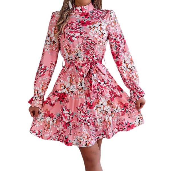 "Multicolor floral ruffle A-line dress with stand collar and waist tie in pink, purple, and navy colors"