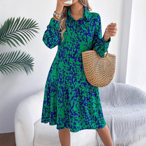 Green and blue leopard print shirt dress with button-up collar and tiered skirt