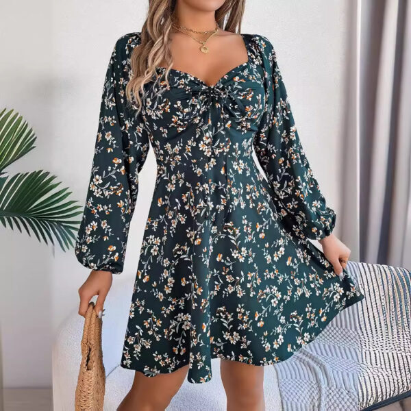 "Multicolor floral mini dress with sweetheart neckline and long puff sleeves in red, green, and navy"
