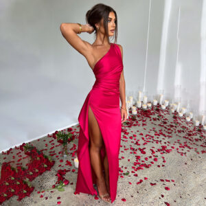 Elegant One-Shoulder Satin Slit Evening Dress – Sexy Backless Slim-Fit Gown for Women